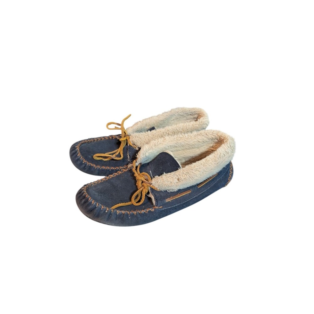 MINNETONKA MOCCASIN 40644 COMFY MOC BLUE WHITE LINED SLIPPER FLAT LEATHER 10